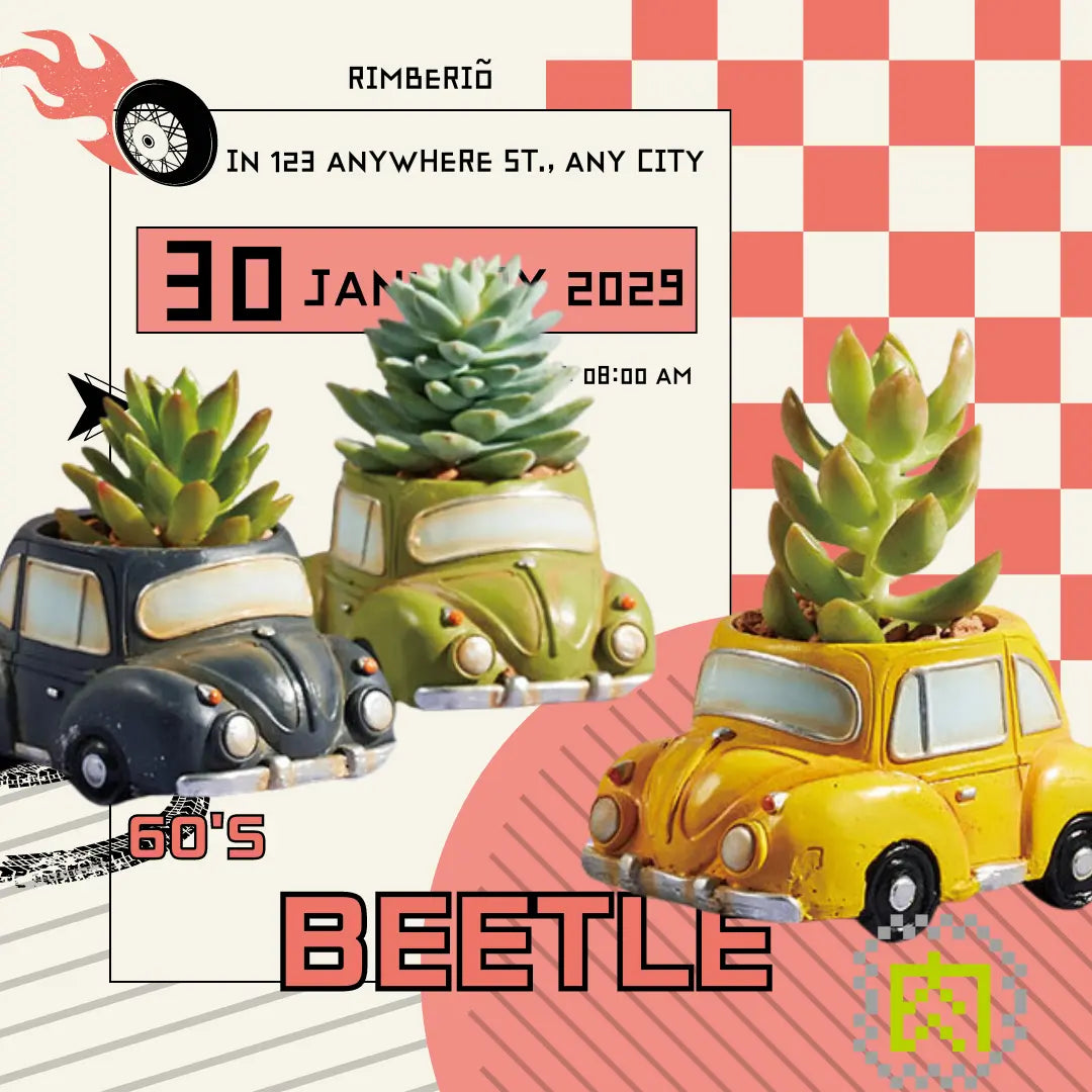 【肉肉玩具箱】-日本進口復古金龜車多肉植物組合盲盒X2＿６色隨機出2台車 拼肉肉 Puzzle Of Succulent