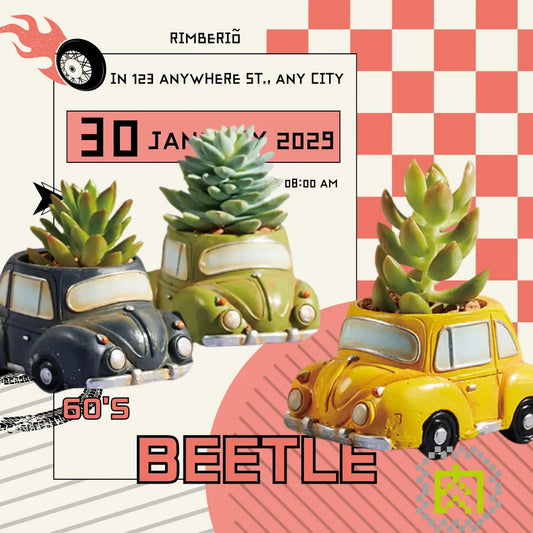 【肉肉玩具箱】-日本進口復古金龜車多肉植物組合盲盒X2＿６色隨機出2台車 拼肉肉 Puzzle Of Succulent