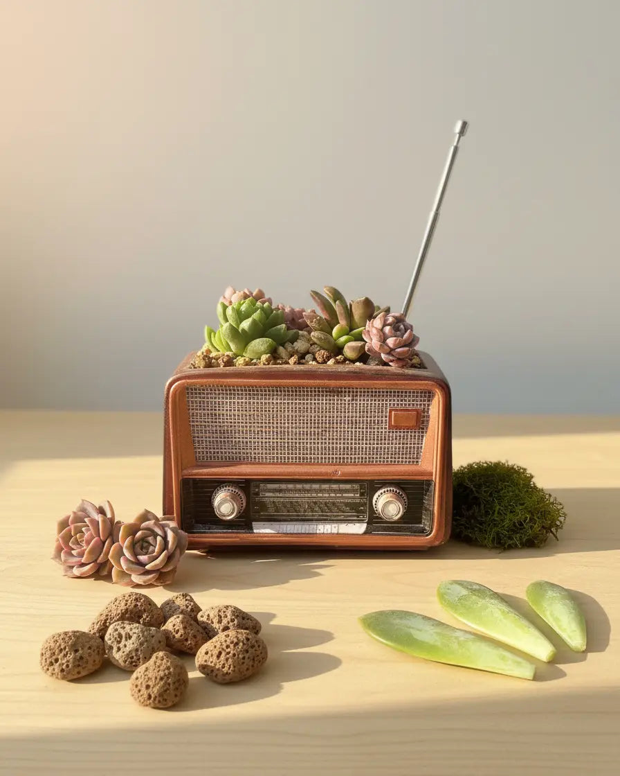 📻 【肉肉玩具箱】時光記憶！復古電視機與收音機 錄音機 大多肉混植盆栽組 (開箱即擺｜多品種澎湃混植｜含盆土專業組裝) 多肉一吋盆 拼肉肉 Puzzle Of Succulent