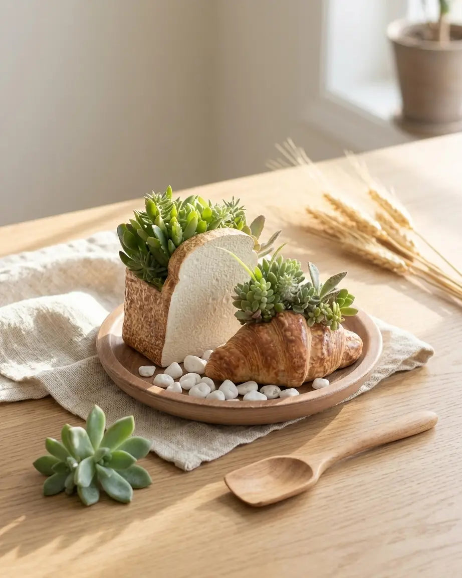 🥐 【拼肉肉】肉肉甜點店｜法式金黃可頌 Ｘ 真實多肉盲盒 (S/M尺寸任選｜零熱量的法式浪漫｜含盆土專業組裝) 拼肉肉 Puzzle Of Succulent