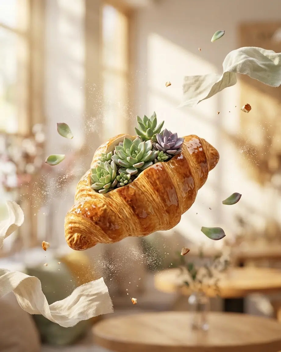 🥐 【拼肉肉】肉肉甜點店｜法式金黃可頌 Ｘ 真實多肉盲盒 (S/M尺寸任選｜零熱量的法式浪漫｜含盆土專業組裝) 拼肉肉 Puzzle Of Succulent