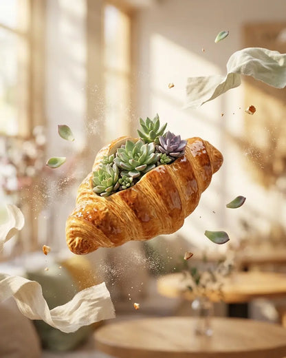 🥐 【拼肉肉】肉肉甜點店｜法式金黃可頌 Ｘ 真實多肉盲盒 (S/M尺寸任選｜零熱量的法式浪漫｜含盆土專業組裝) 拼肉肉 Puzzle Of Succulent