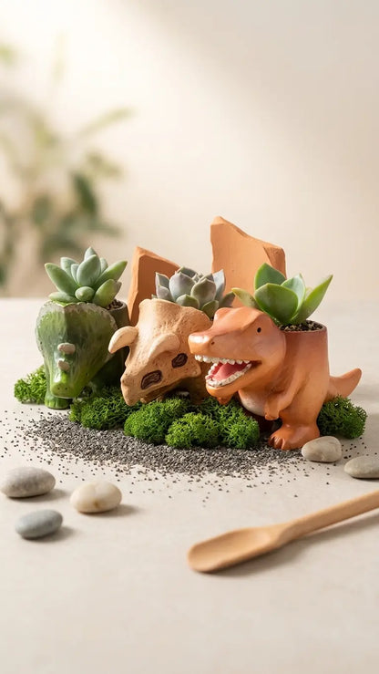🦖 【拼肉肉】肉肉玩具箱｜史前巨獸 3 入組 Ｘ 真實一吋多肉盲盒 (暴龍+三角龍+化石｜一次帶回三隻｜含盆土專業組裝) 拼肉肉 Puzzle Of Succulent